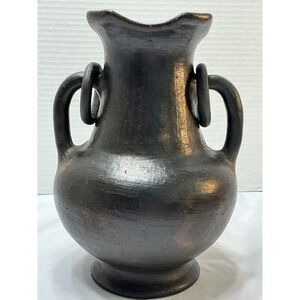 Handmade Black Clay Pottery Vase with Ring Handles and Lobed Rim Rustic Decor